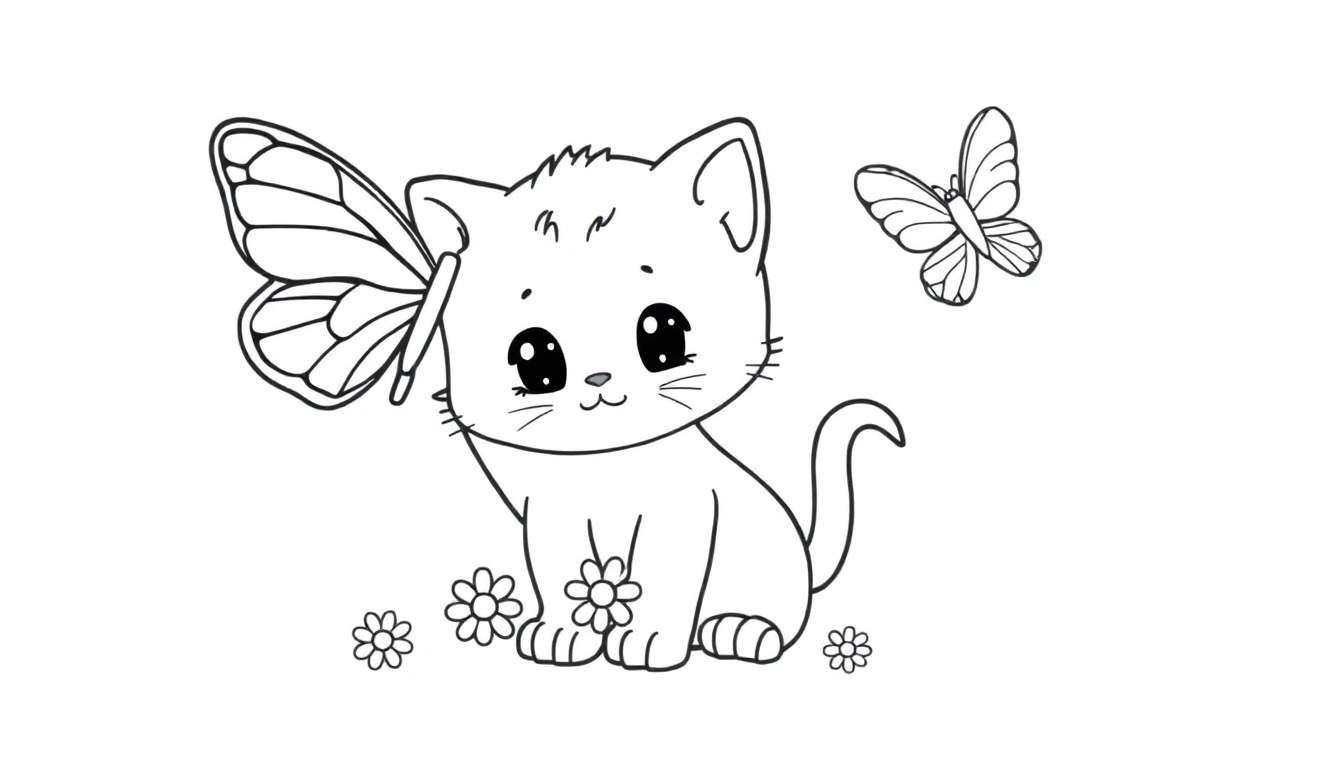 Placa de color de un gatito chibi con mariposas y flores.