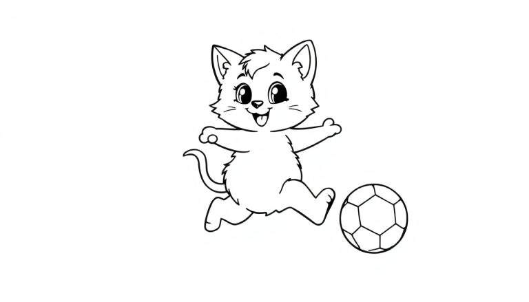 Un gatito lindo dibujado en blanco y negro listo para colorear, jugando al fútbol.