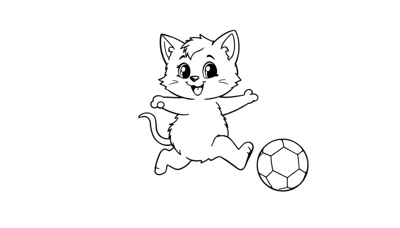 Un gatito lindo dibujado en blanco y negro listo para colorear, jugando al fútbol.