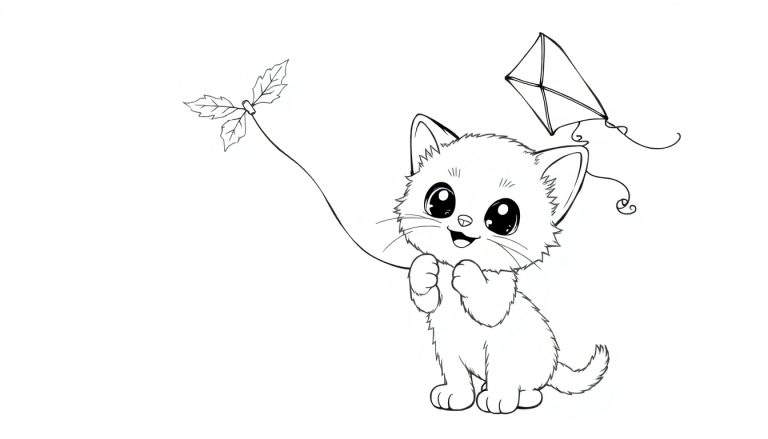 Placa de color de un lindo gatito jugando con una cometa de hojas.