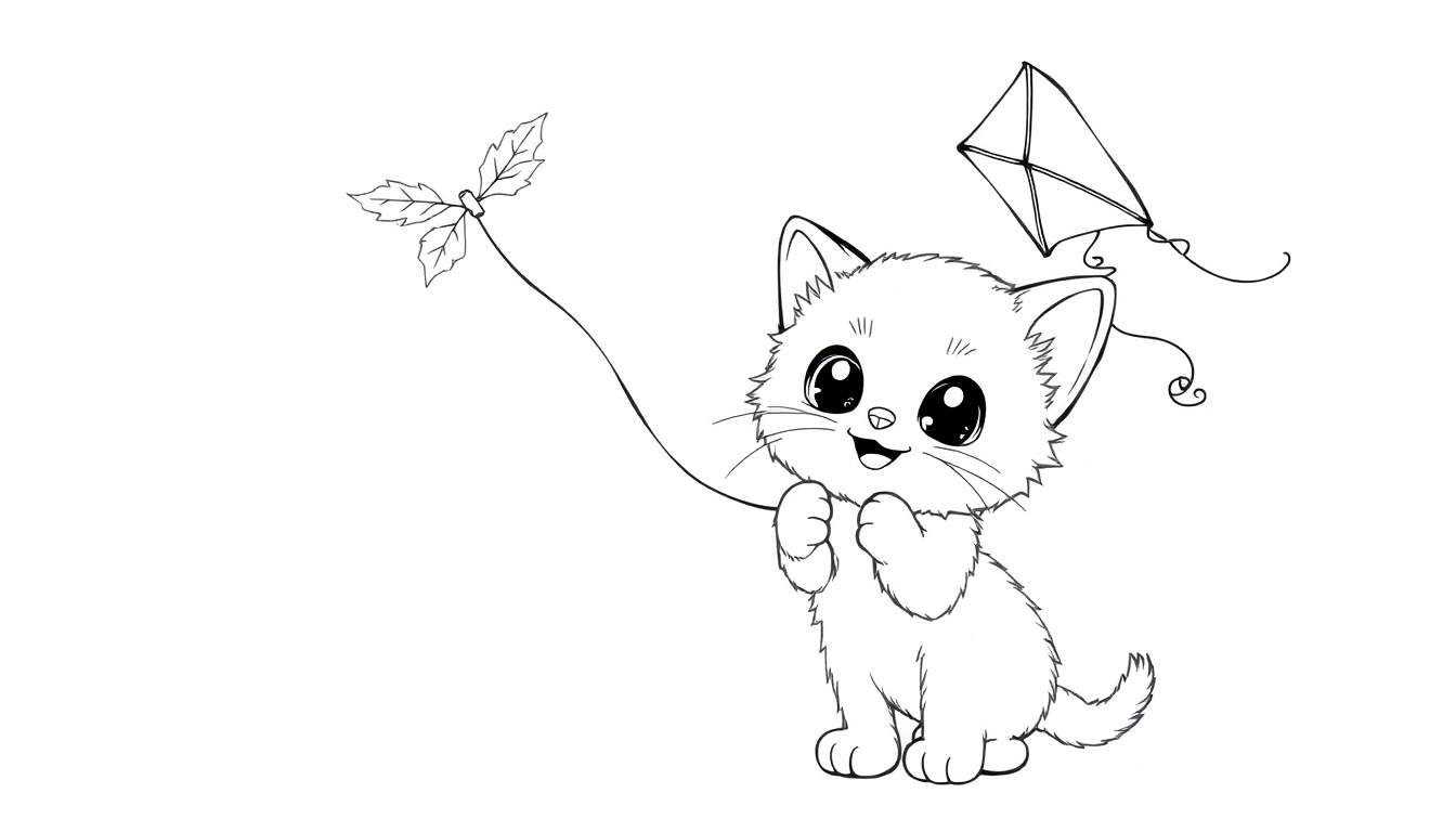 Placa de color de un lindo gatito jugando con una cometa de hojas.