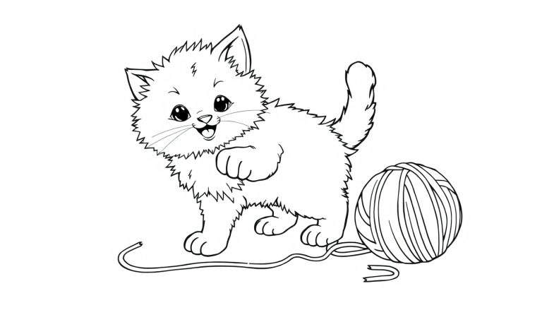 Placa de color de un gatito tierno jugando con una bola de lana.