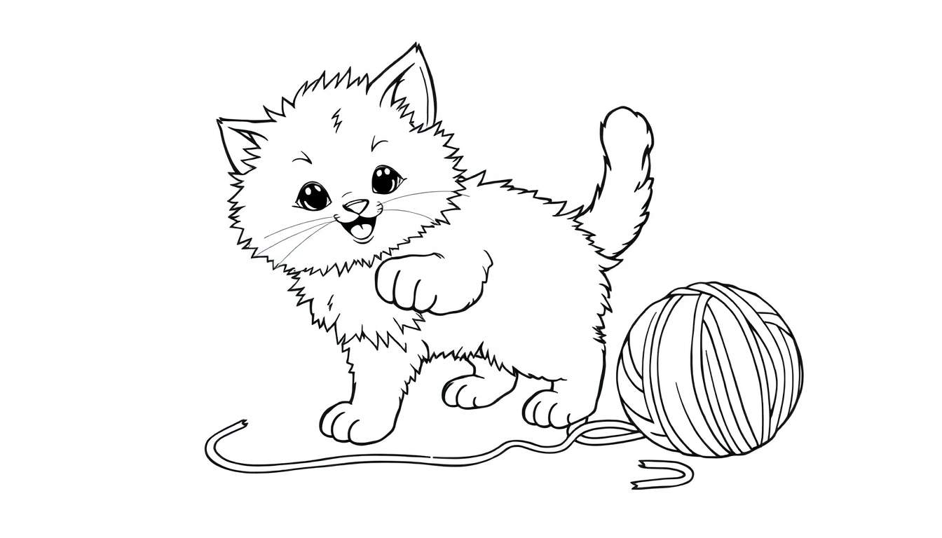 Placa de color de un gatito tierno jugando con una bola de lana.