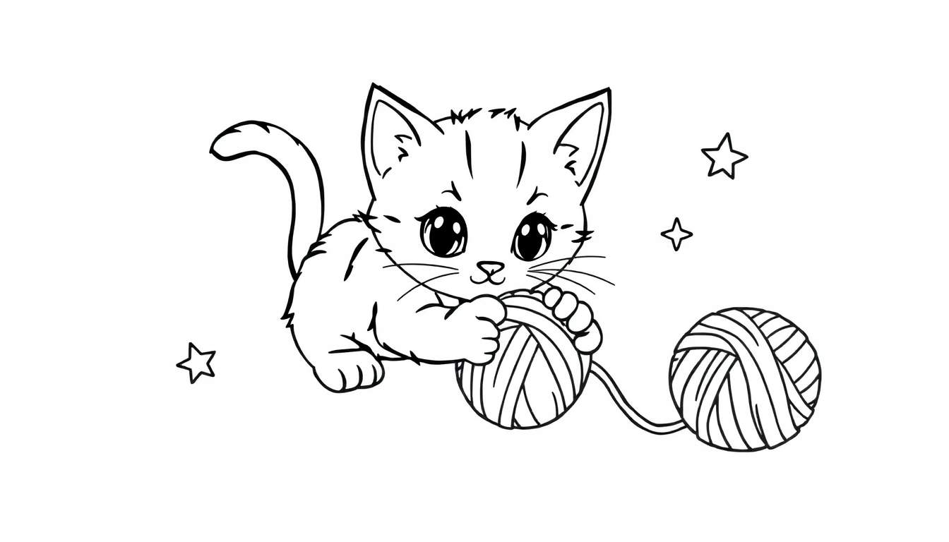 Placa de color de un gatito blanco y negro jugando con estambre.