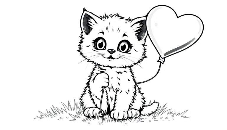 Una placa de color de un lindo gatito sentado en la hierba sosteniendo un globo en forma de corazón.