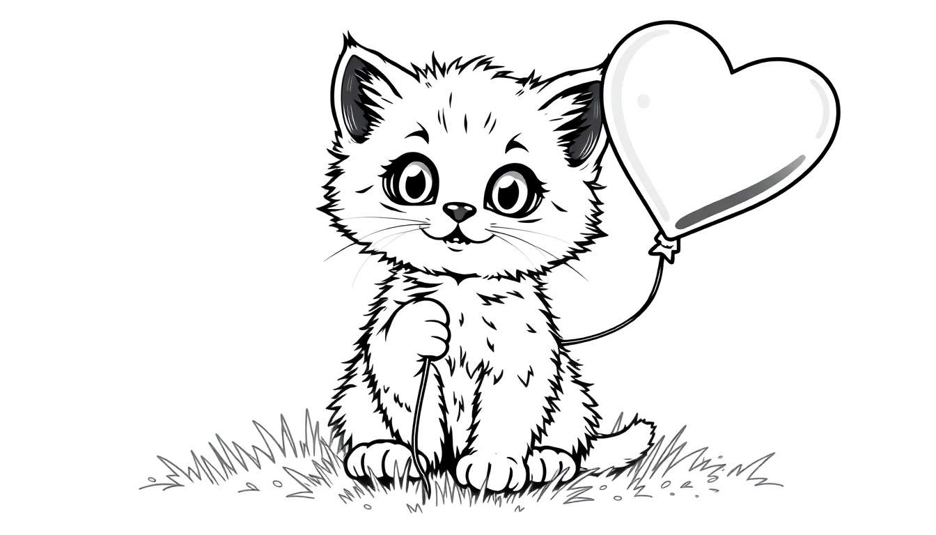 Una placa de color de un lindo gatito sentado en la hierba sosteniendo un globo en forma de corazón.