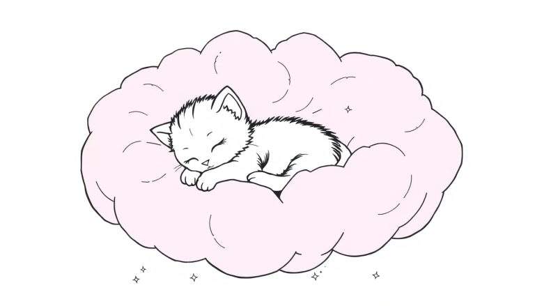 Placa de color de un gatito durmiendo en una nube de algodón de azúcar.