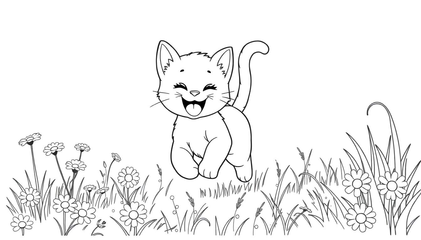 Placa de color para colorear de un gatito juguetón entre margaritas.