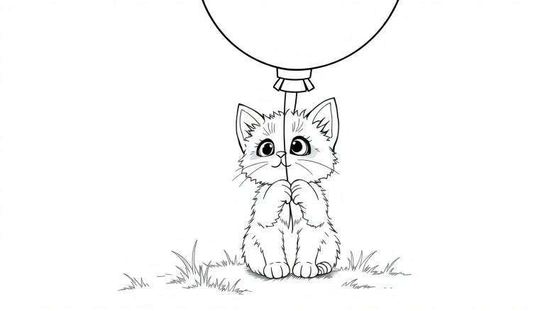 Un gatito tierno con un globo de helio, listo para colorear en una placa de color.