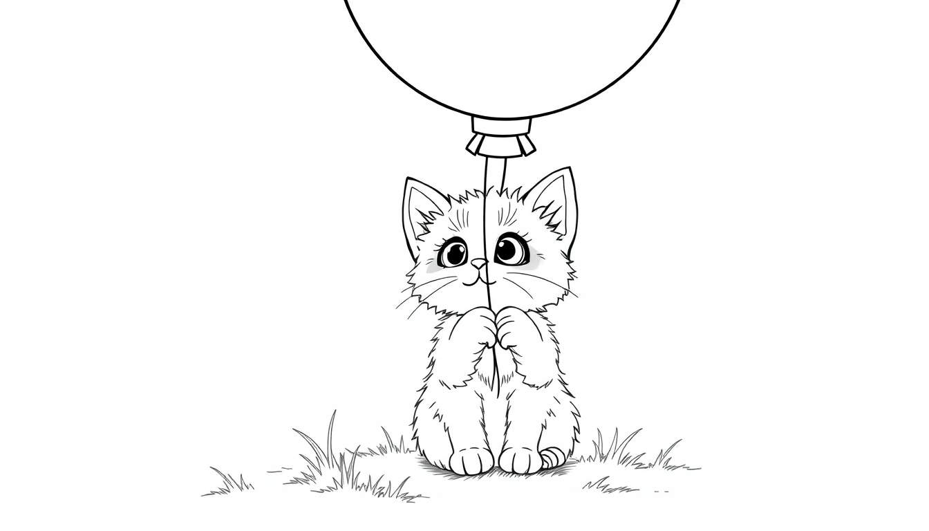 Un gatito tierno con un globo de helio, listo para colorear en una placa de color.