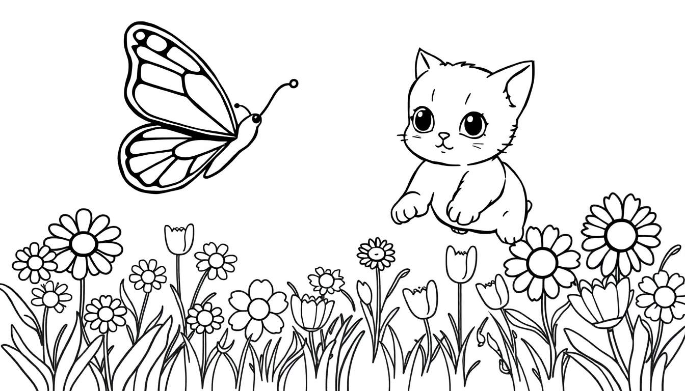 Un gatito curioso y una mariposa detallada en una placa de color con flores y hierba.
