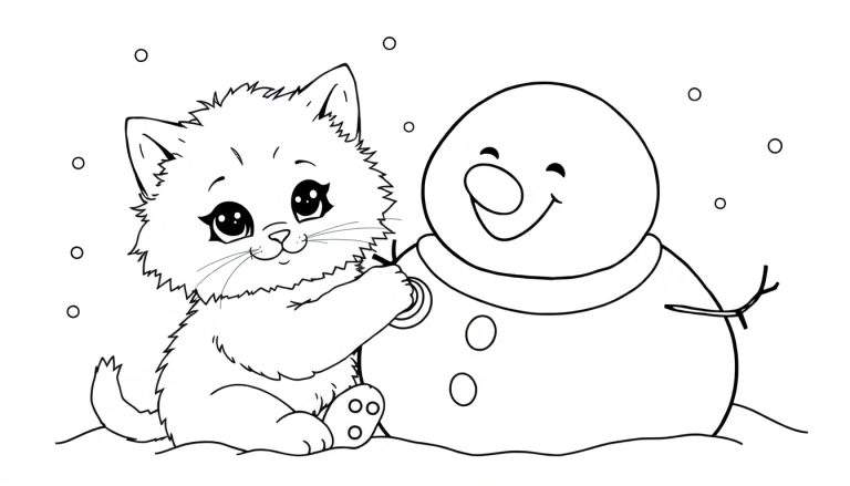 Placa de color de un gatito y un muñeco de nieve.