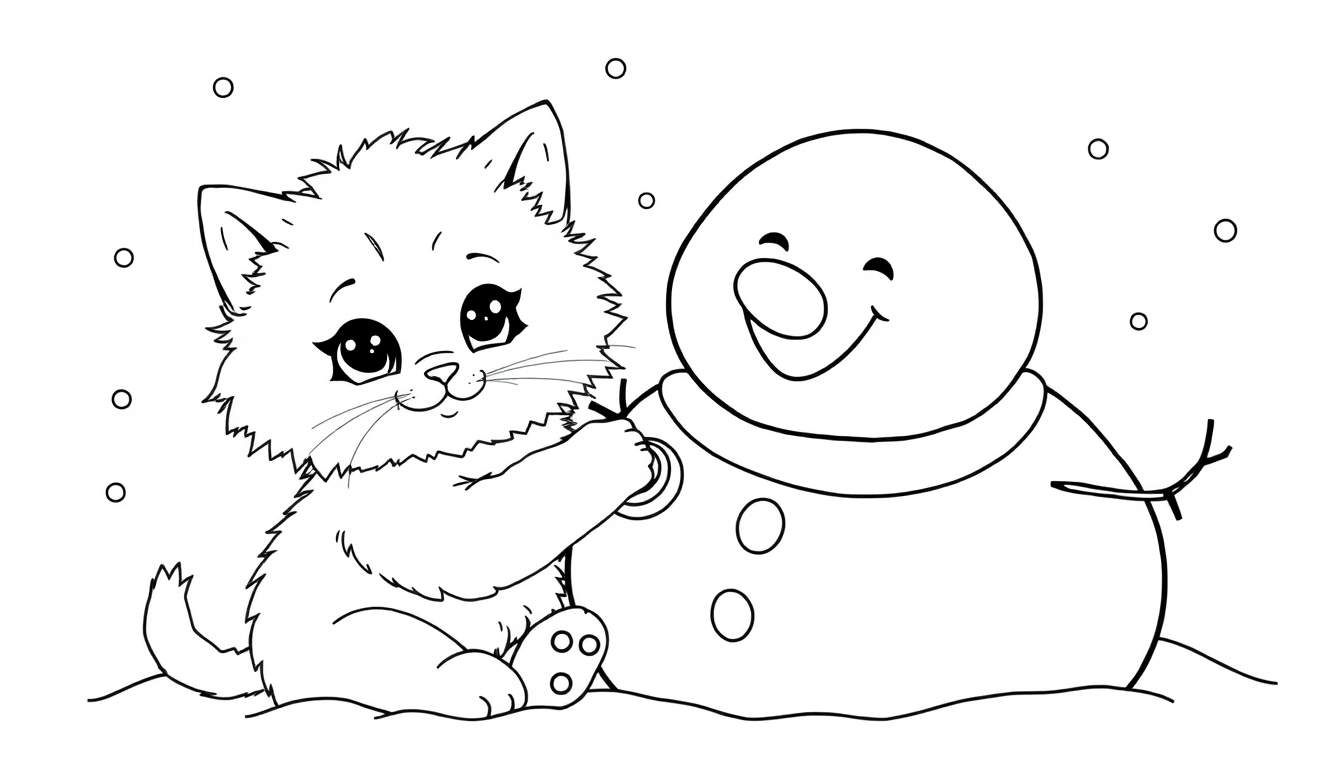 Placa de color de un gatito y un muñeco de nieve.