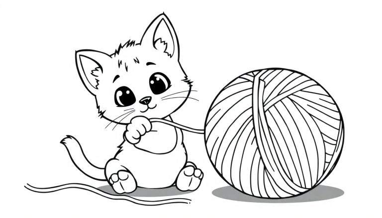 Dibujo lineal de un gatito jugando con un ovillo de lana, listo para colorear.