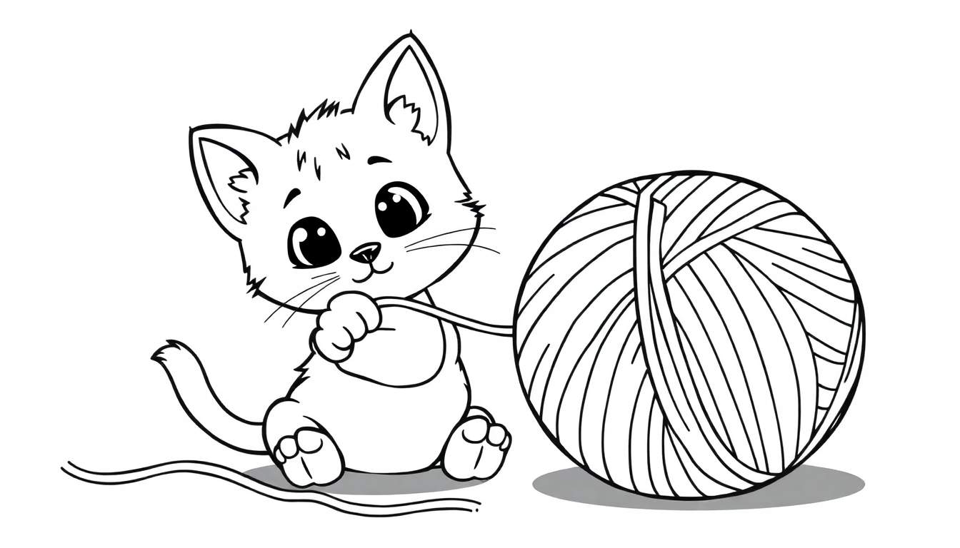 Dibujo lineal de un gatito jugando con un ovillo de lana, listo para colorear.