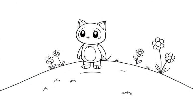 Placa de color de un gato de dibujos animados de Toca Boca parado en una colina con flores.