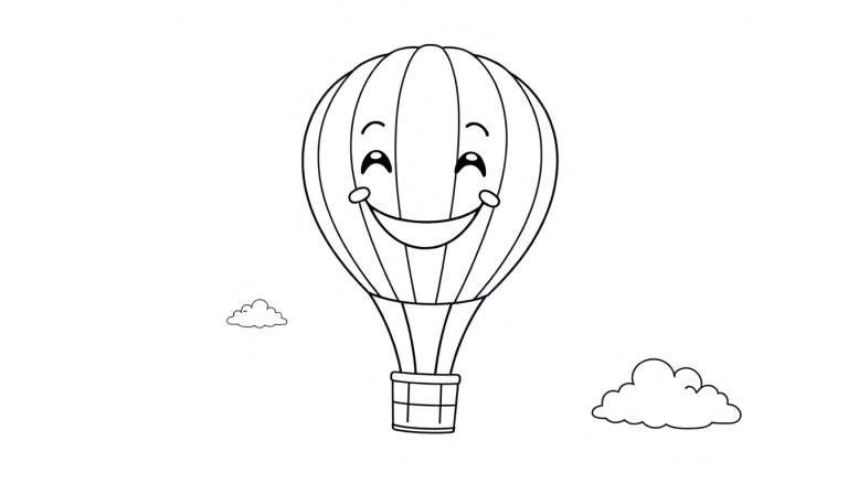Globo aerostático sonriente para colorear, con cesta y nubes.