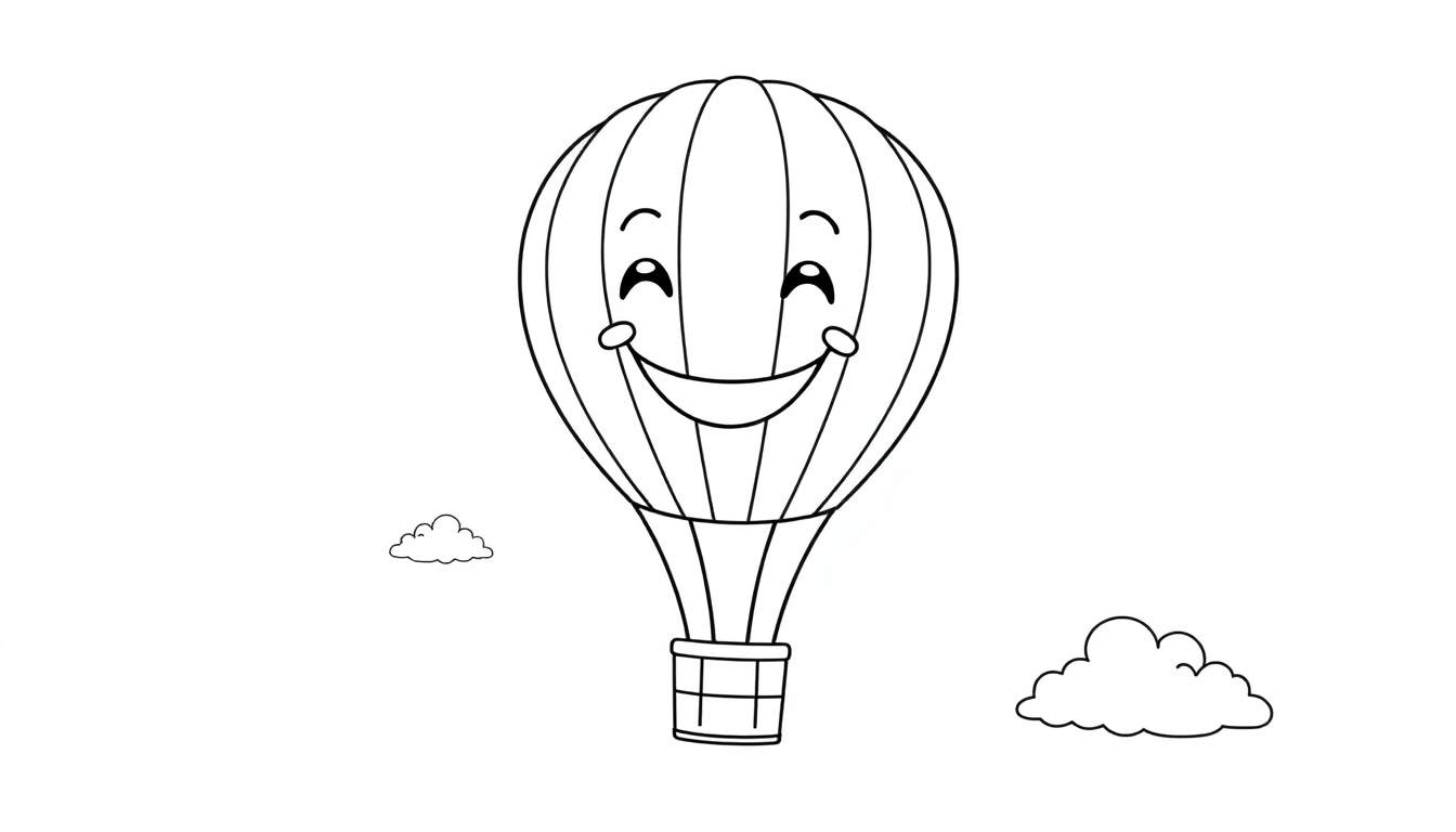 Globo aerostático sonriente para colorear, con cesta y nubes.