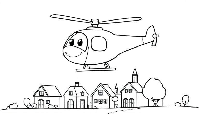 Un dibujo lineal de un helicóptero sonriente volando sobre una pequeña ciudad para colorear.