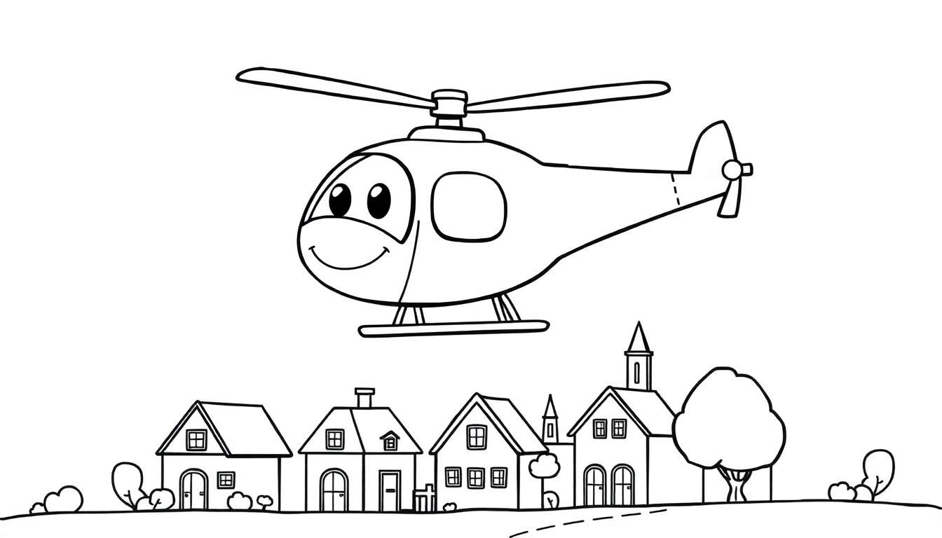 Un dibujo lineal de un helicóptero sonriente volando sobre una pequeña ciudad para colorear.
