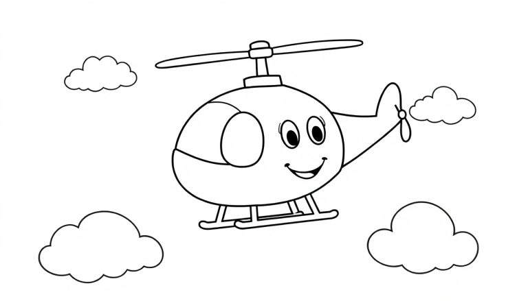 Un helicóptero de dibujos animados sonriente volando entre nubes, listo para colorear. Esta placa de color es un dibujo lineal en blanco y negro para niños.