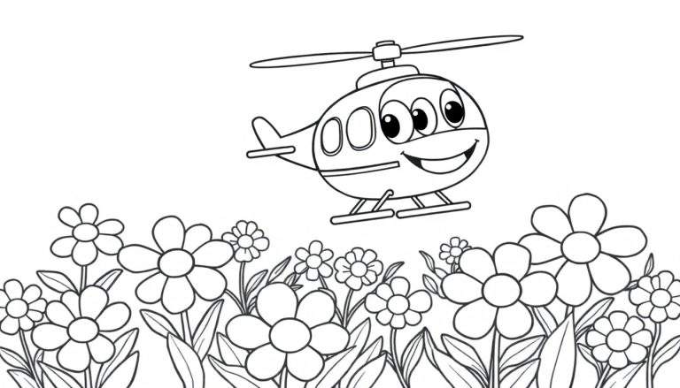 Un helicóptero de dibujos animados amigable con una cara sonriente volando sobre un campo de flores, listo para ser coloreado en una placa de color.