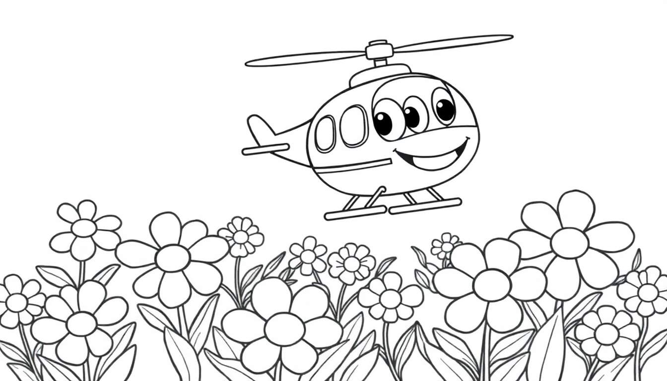 Un helicóptero de dibujos animados amigable con una cara sonriente volando sobre un campo de flores, listo para ser coloreado en una placa de color.