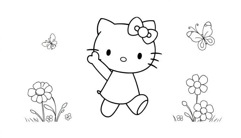 Placa de color de Hello Kitty saludando en un jardín.