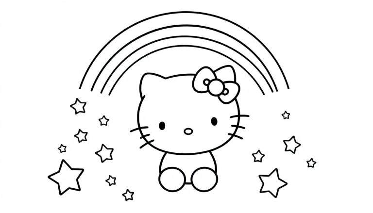 Placa de color de Hello Kitty bajo un arcoíris y estrellas.
