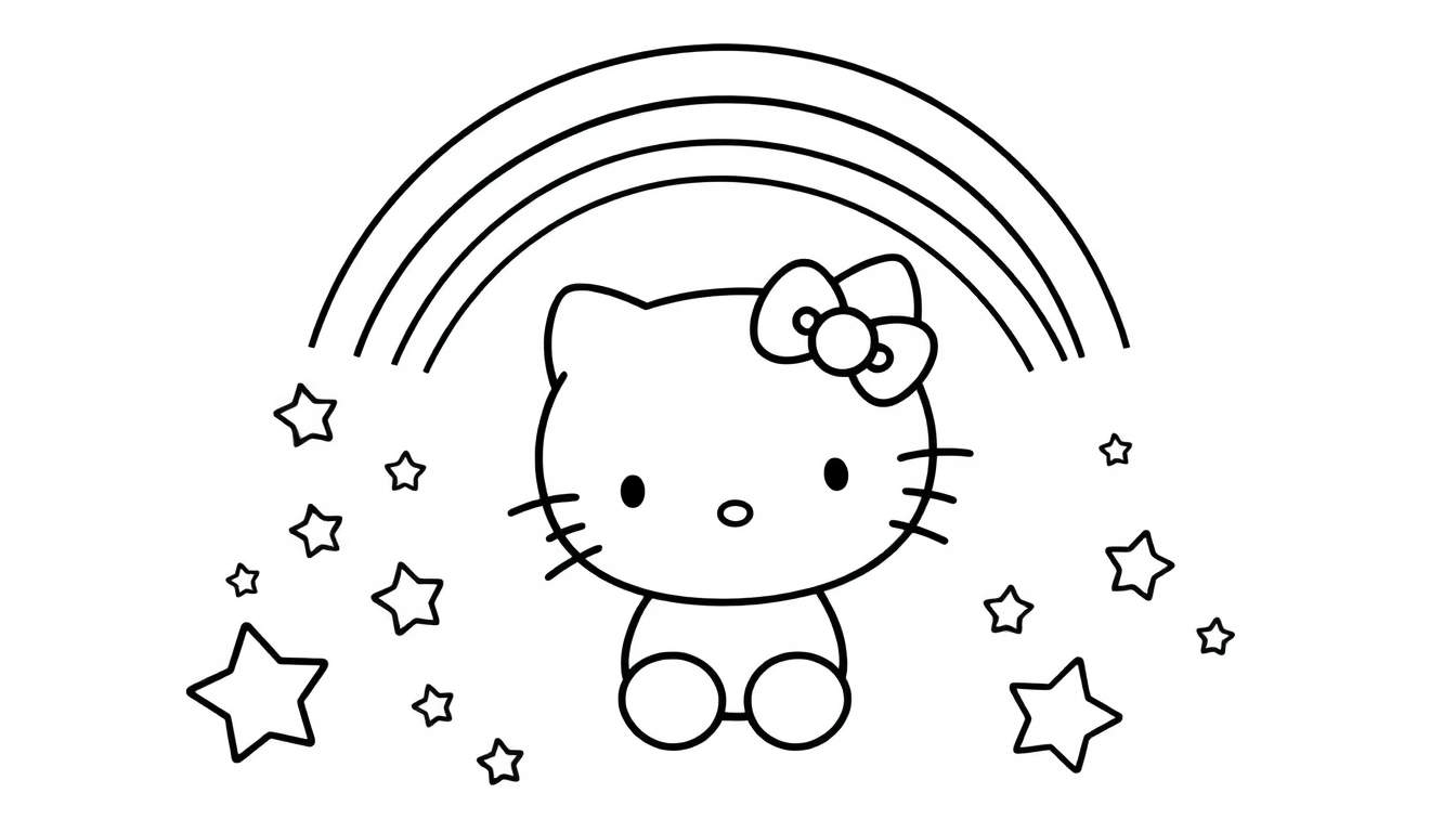Placa de color de Hello Kitty bajo un arcoíris y estrellas.