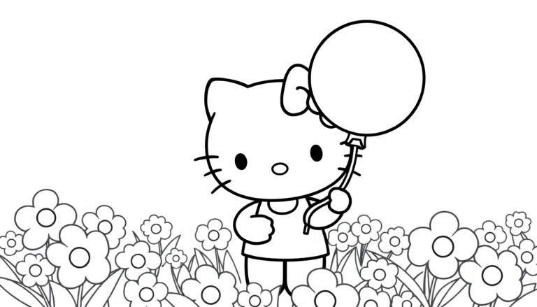 Placa de color de Hello Kitty en un campo de flores sosteniendo un globo.