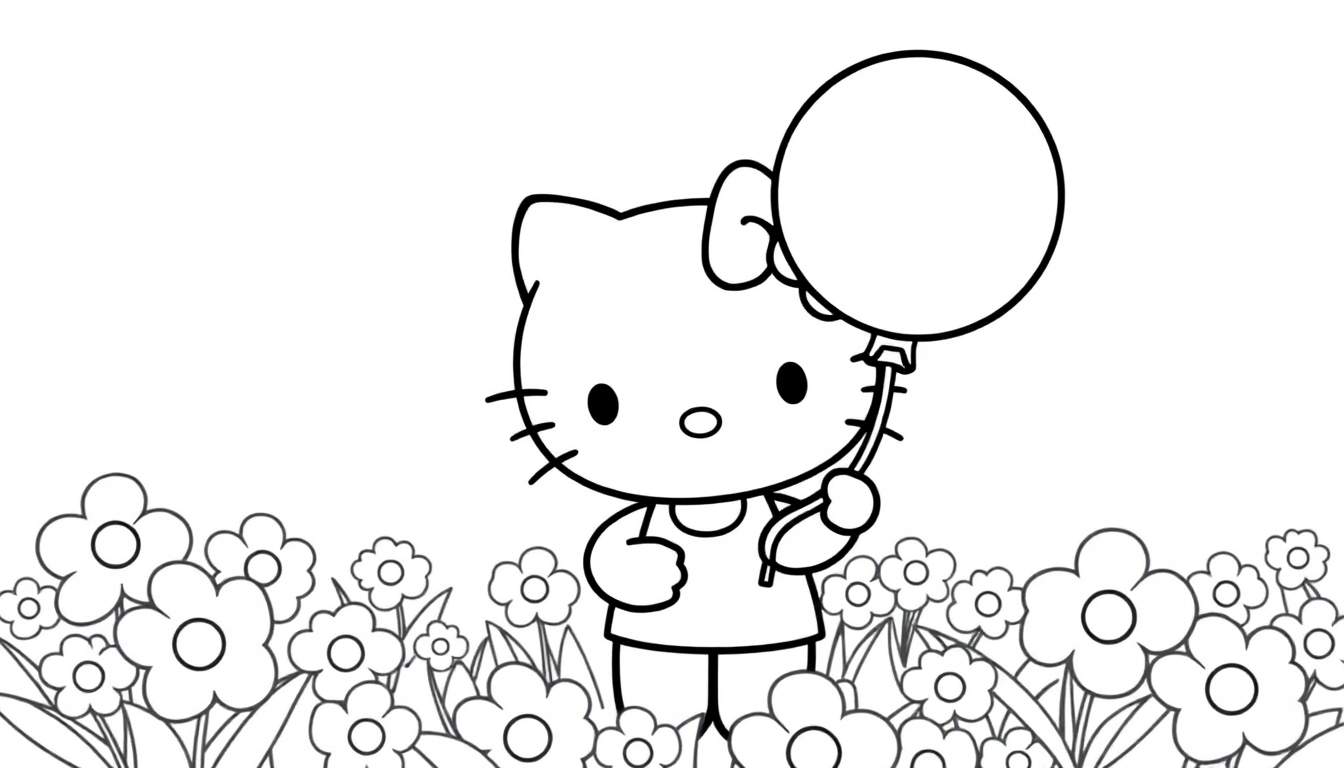 Placa de color de Hello Kitty en un campo de flores sosteniendo un globo.