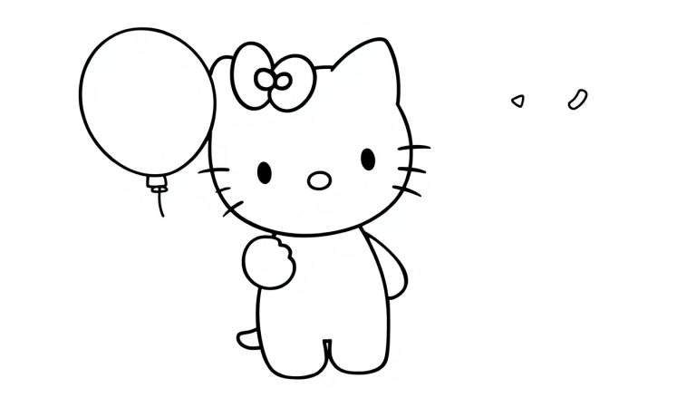 Placa de color de Hello Kitty con un globo, lista para colorear.