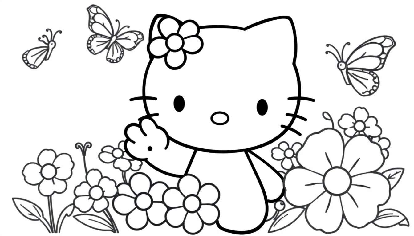 Dibujo lineal para colorear de Hello Kitty con una flor en la cabeza rodeada de flores y mariposas.
