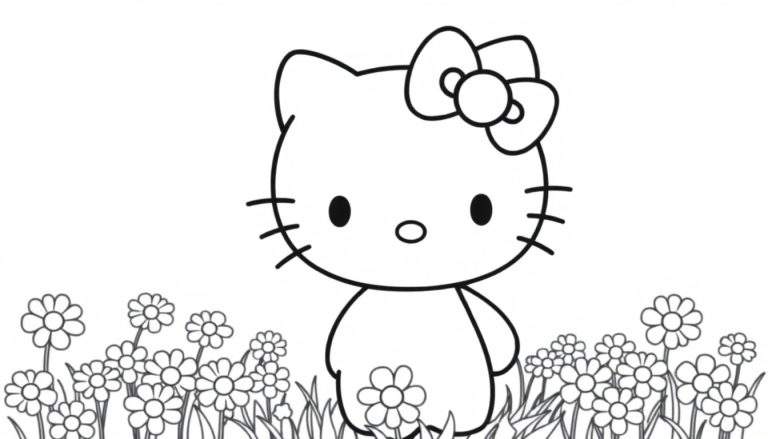 Placa de color de Hello Kitty en un campo de flores.