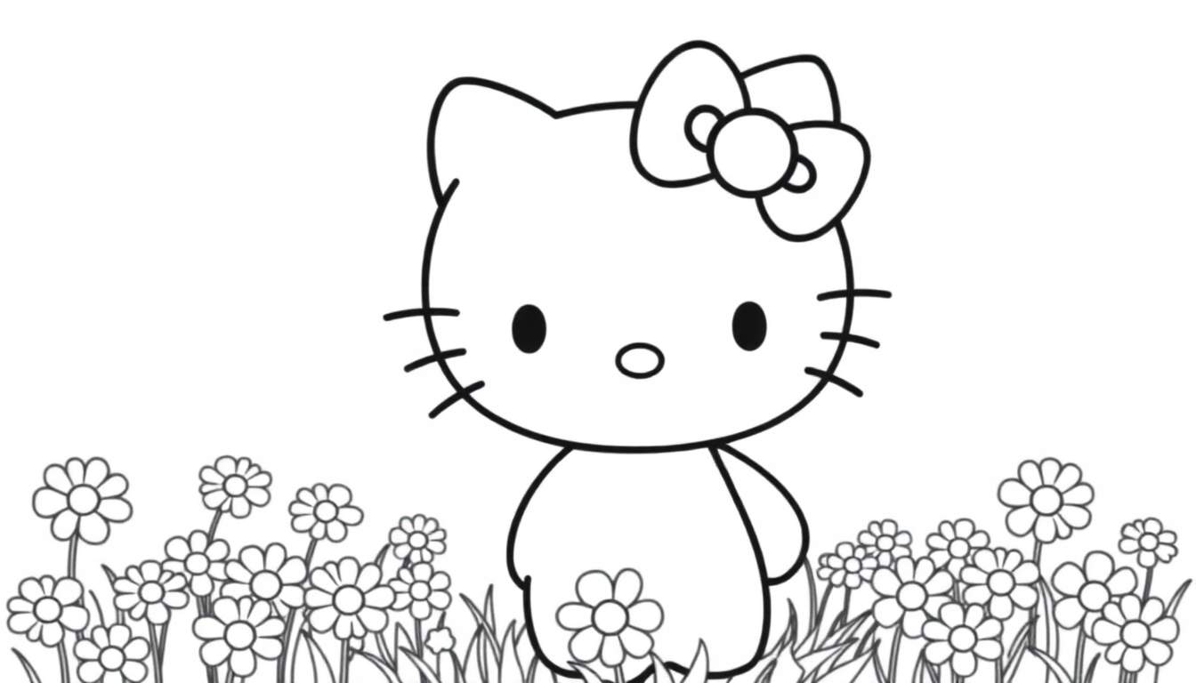 Placa de color de Hello Kitty en un campo de flores.