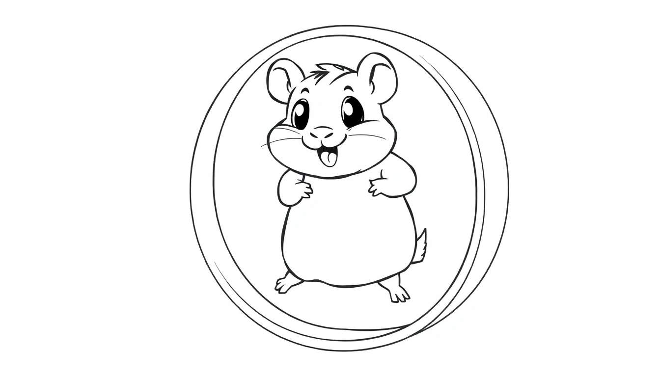 Una placa de color con un dibujo lineal de un hámster de dibujos animados sonriente dentro de un círculo.