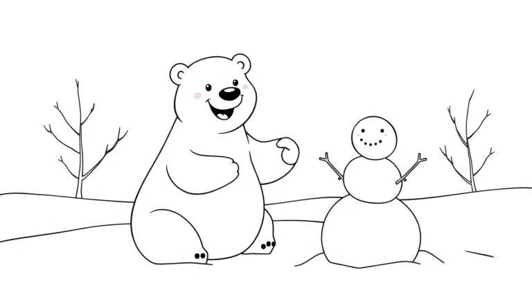 Placa de color para colorear de un oso polar amigable construyendo un muñeco de nieve.