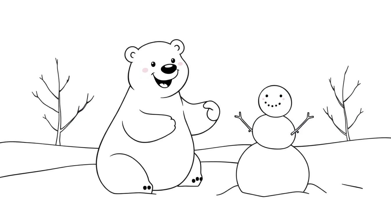 Placa de color para colorear de un oso polar amigable construyendo un muñeco de nieve.