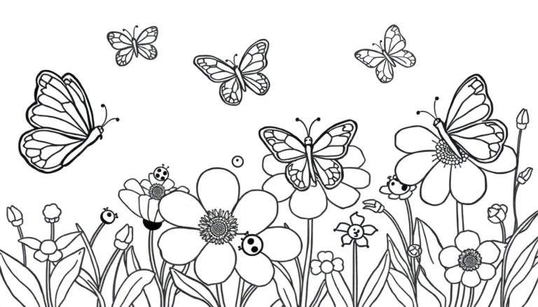 Placa de color con un jardín de flores y mariposas.