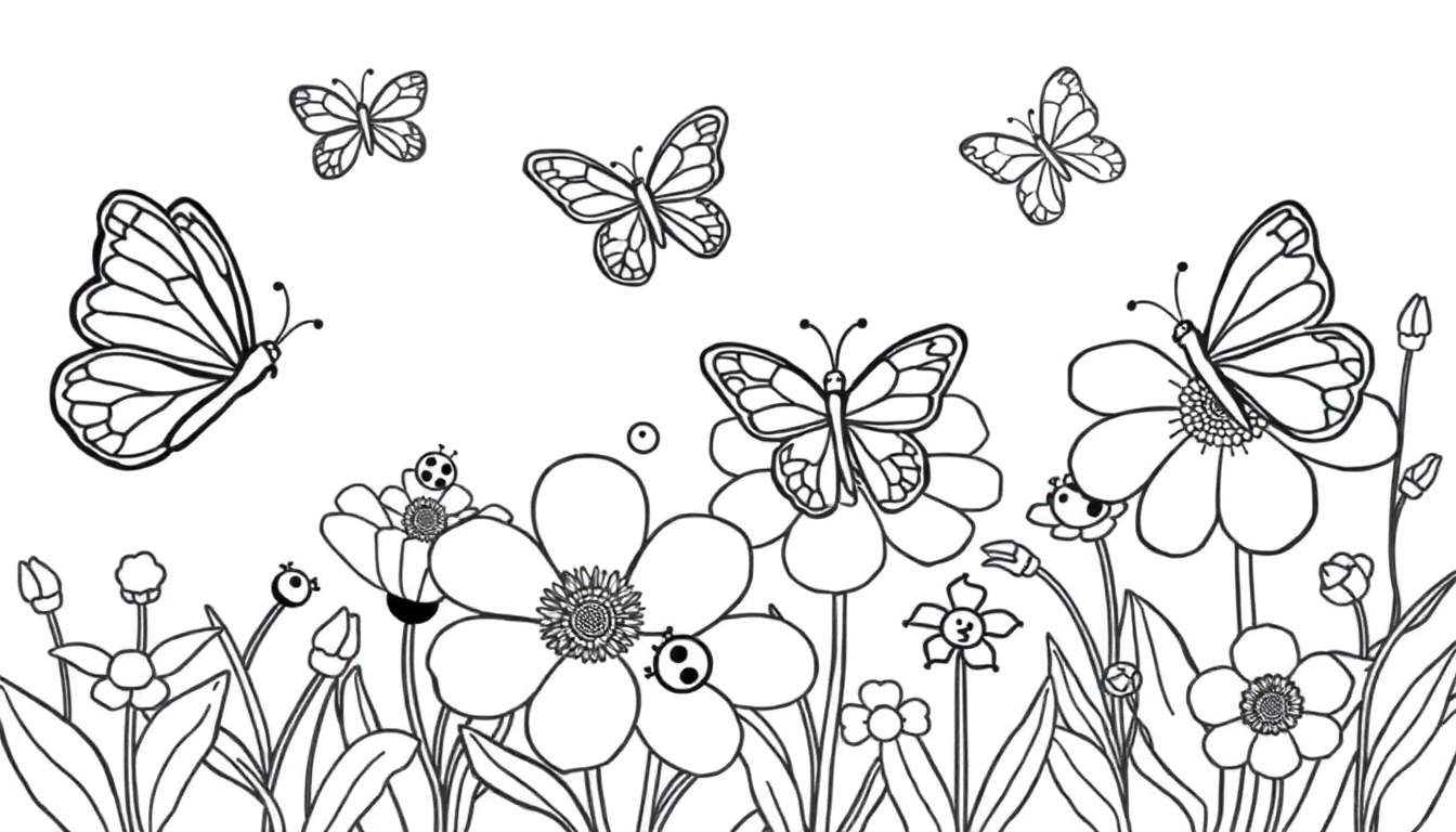 Placa de color con un jardín de flores y mariposas.