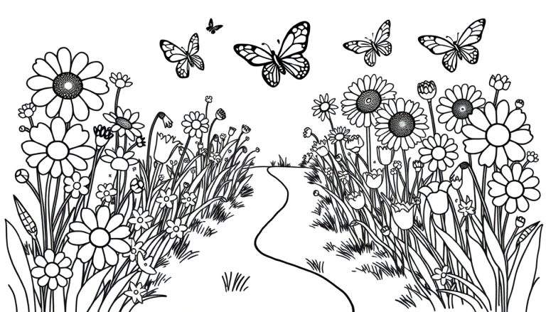 Una placa de color de un campo de flores y mariposas para colorear.