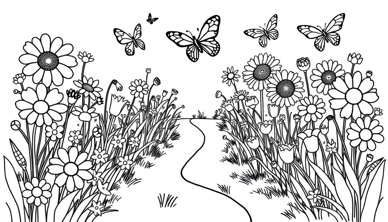Una placa de color de un campo de flores y mariposas para colorear.