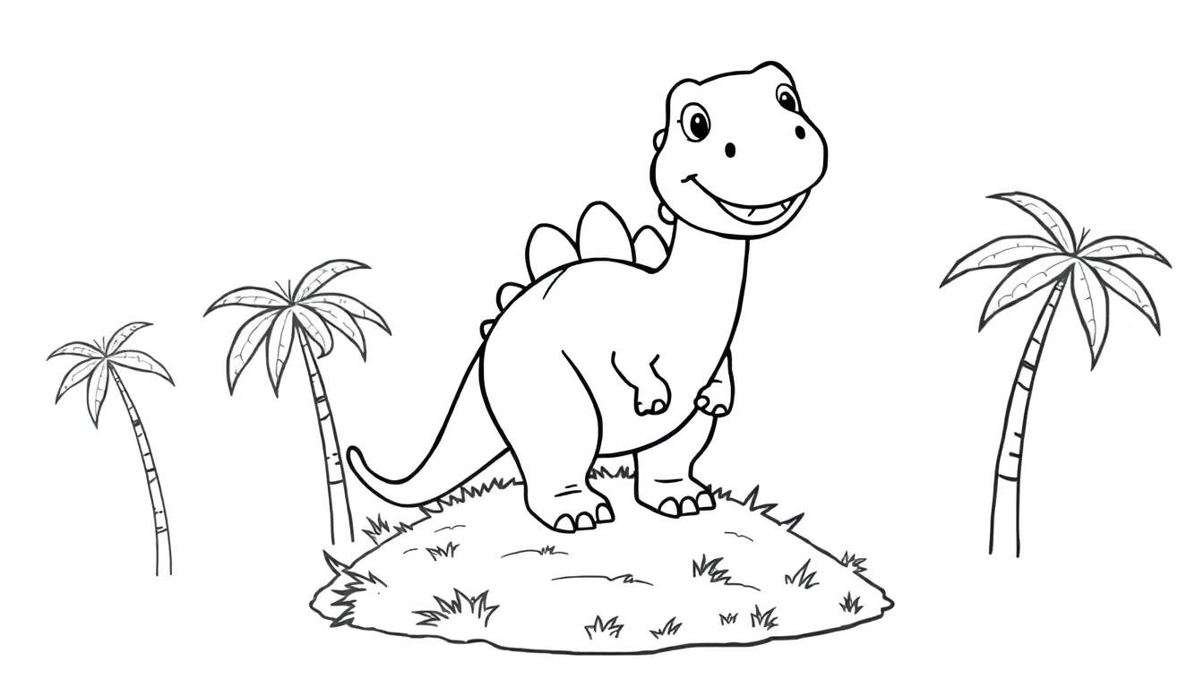 Un dinosaurio estegosaurio sonriente listo para colorear en una placa de color, con palmeras y hierba de fondo.