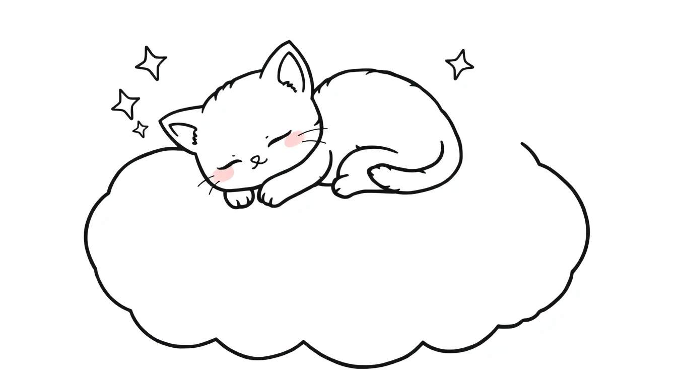 Placa de color para colorear de un gatito tierno durmiendo en una nube.