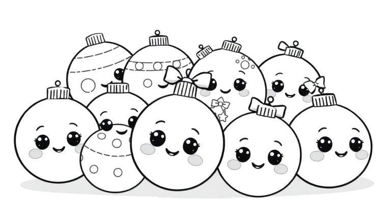 Placa de color de adornos navideños kawaii con caras sonrientes.