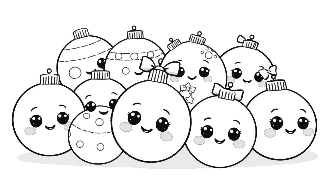 Placa de color de adornos navideños kawaii con caras sonrientes.