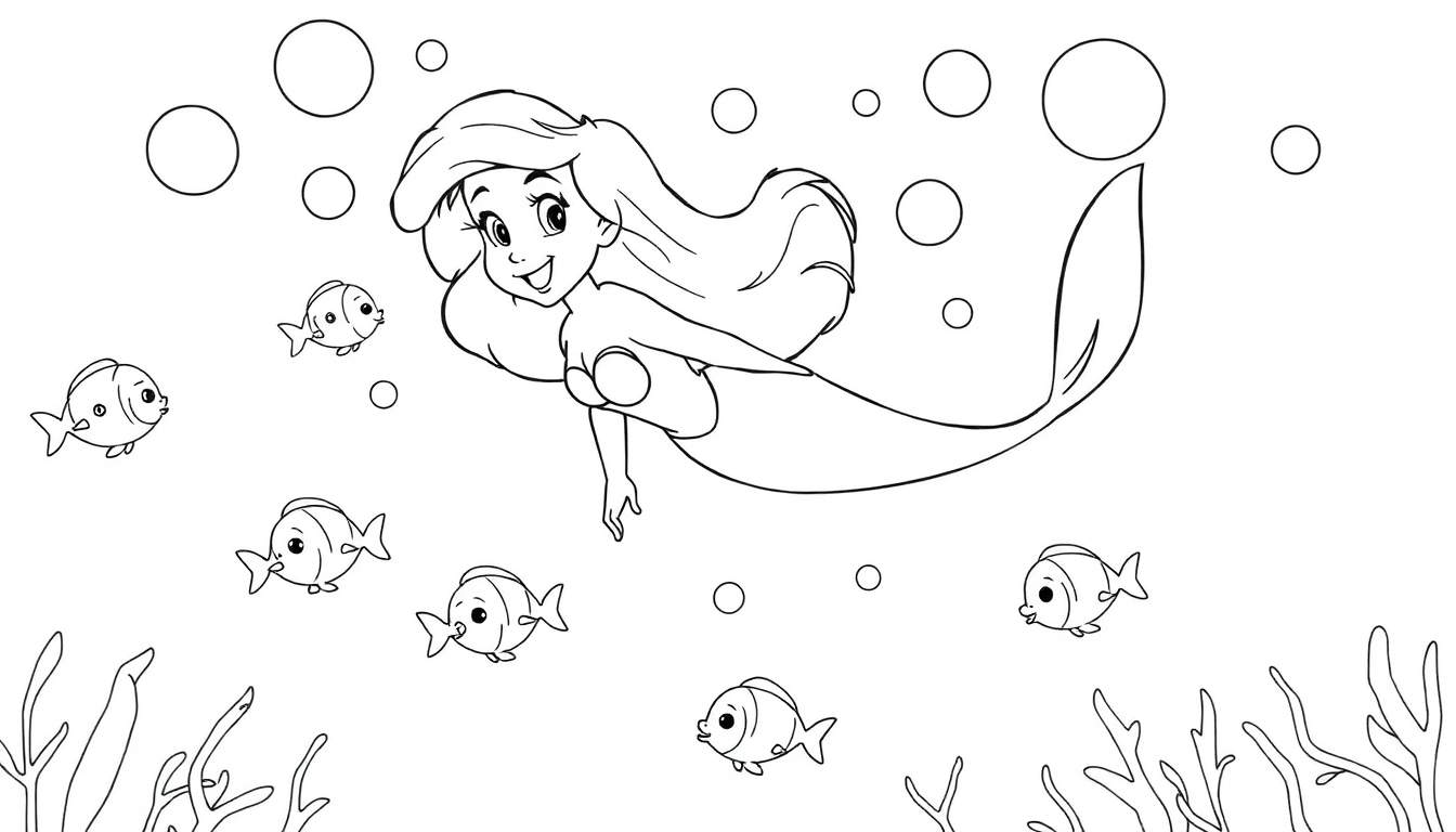 Placa de color de la Princesa Ariel nadando rodeada de peces y burbujas.