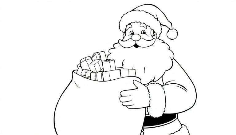 Placa de color de Papá Noel sonriente con su saco de regalos, listo para colorear.