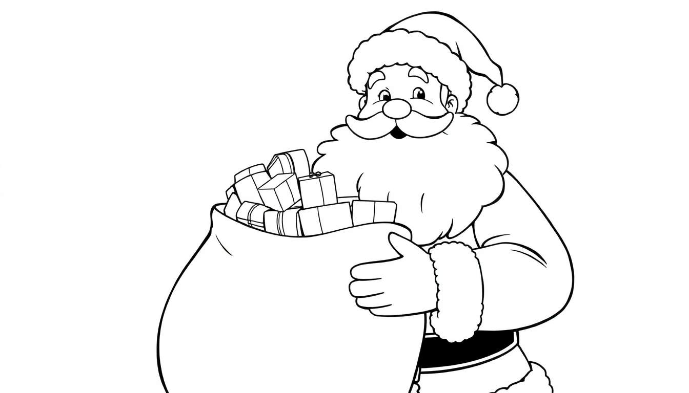 Placa de color de Papá Noel sonriente con su saco de regalos, listo para colorear.